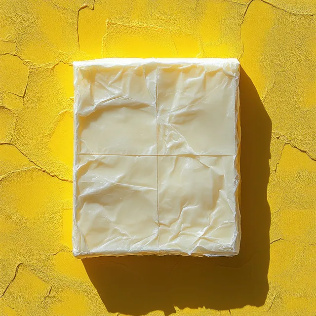 Square wrapped protein snack bar packaging mockup lies on a bright yellow textured background in overhead view.