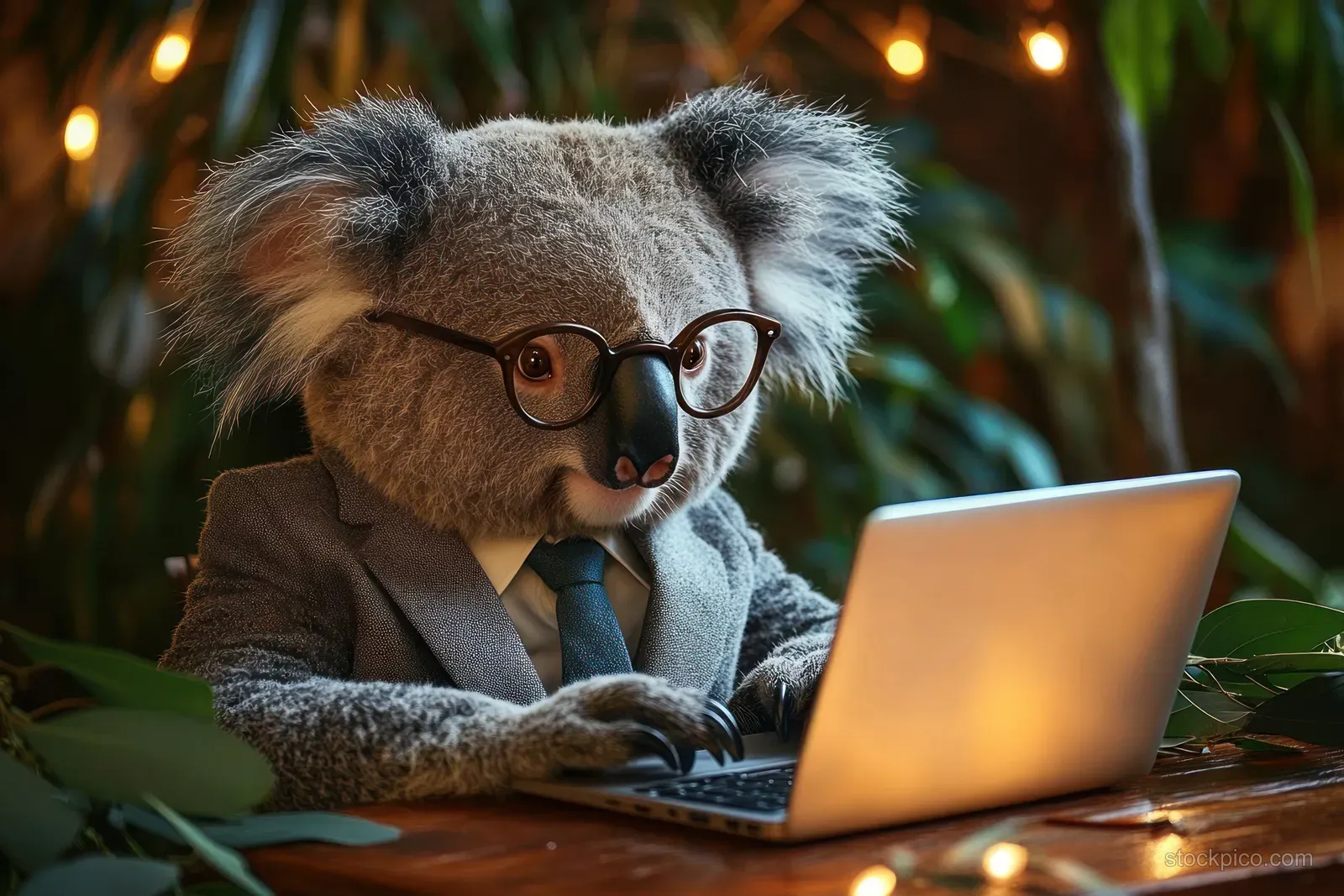 A koala wearing glasses and a suit types on a laptop on a desk surrounded by indoor plants.