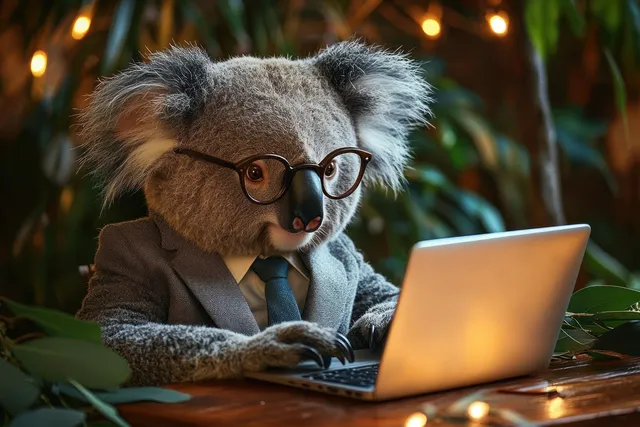 A koala wearing glasses and a suit types on a laptop on a desk surrounded by indoor plants.
