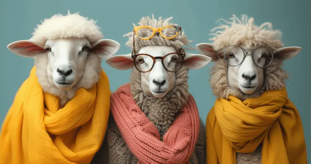 Three anthropomorphic sheep in colorful scarves and glasses stand in a bright studio with a human torso mask in the center.