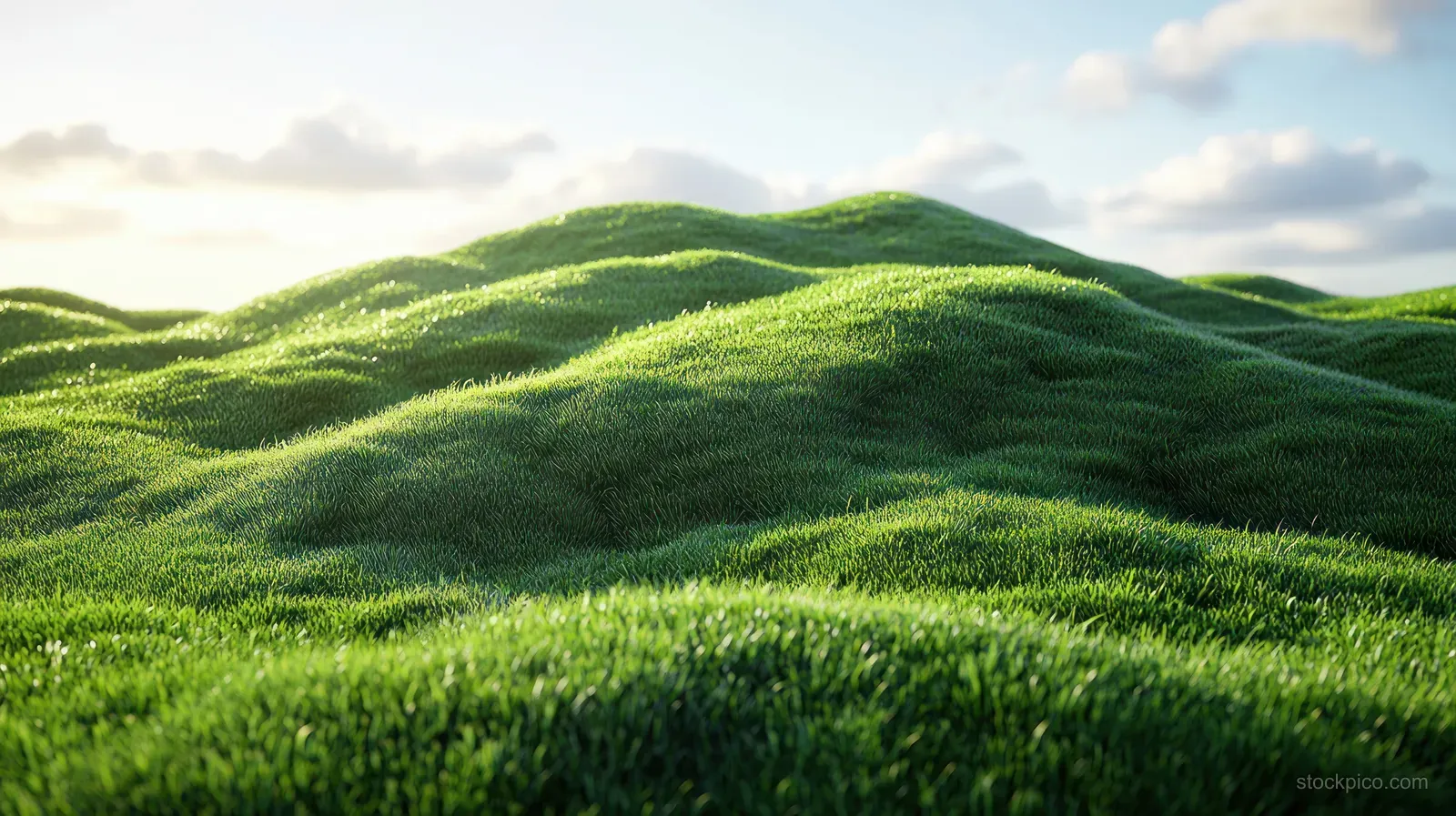 A lush green hill covered in rolling grass blades beneath a blue sky with soft clouds.