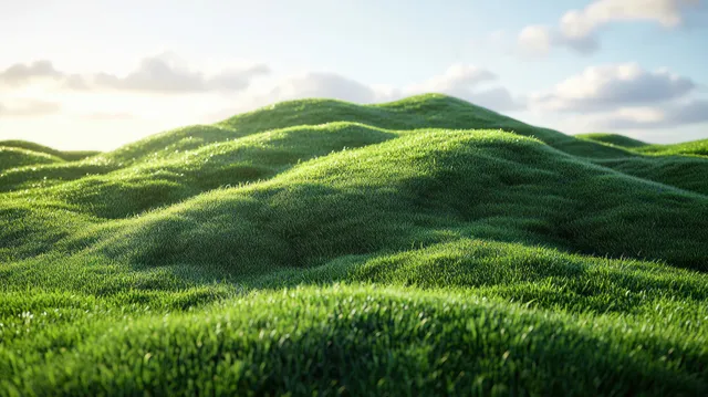 Lush green grassy hill under blue sky with rolling blades and soft shadows