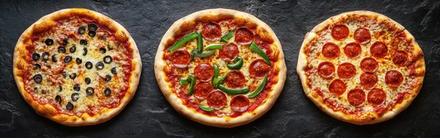 Three pizzas with colorful toppings and melted cheese on dark stone backdrop