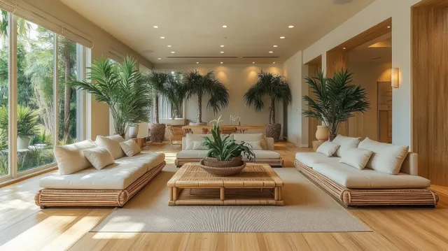 Sunlit living room with bamboo furniture, cream cushions, and potted palm plants near large windows.