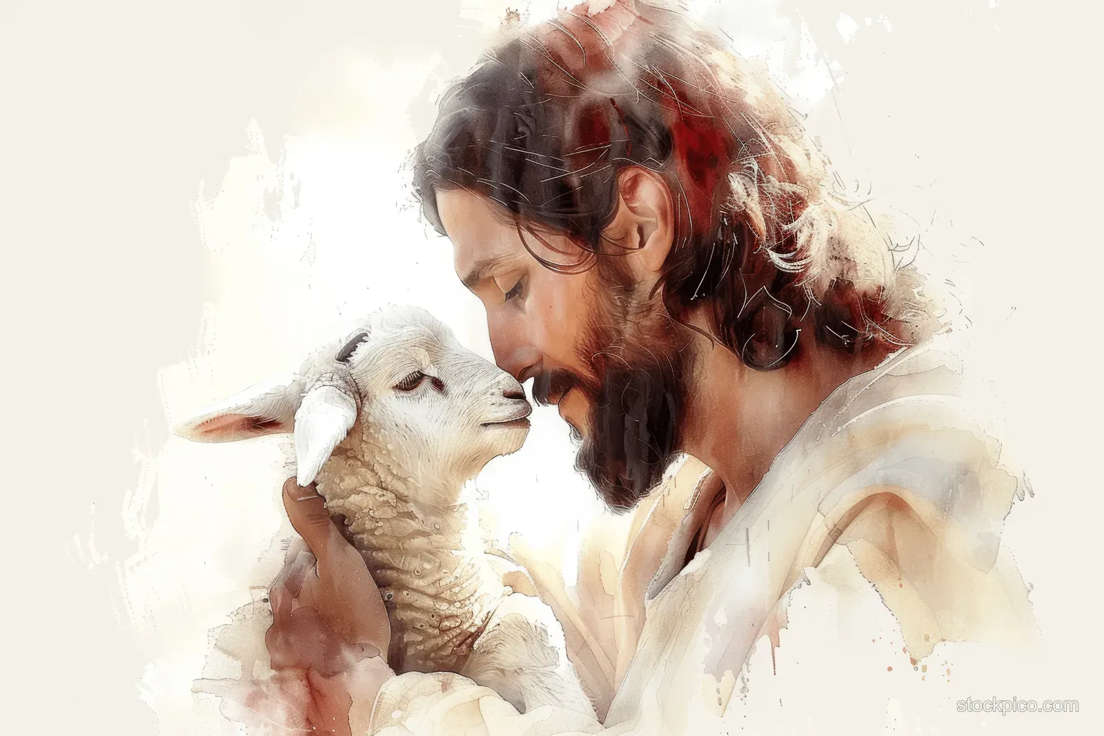 Jesus in watercolor cradles a baby lamb against a plain white background.