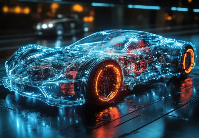 Transparent x-ray style futuristic SUV cutaway showing neon-lit engine, suspension, and powertrain components on a dark road.