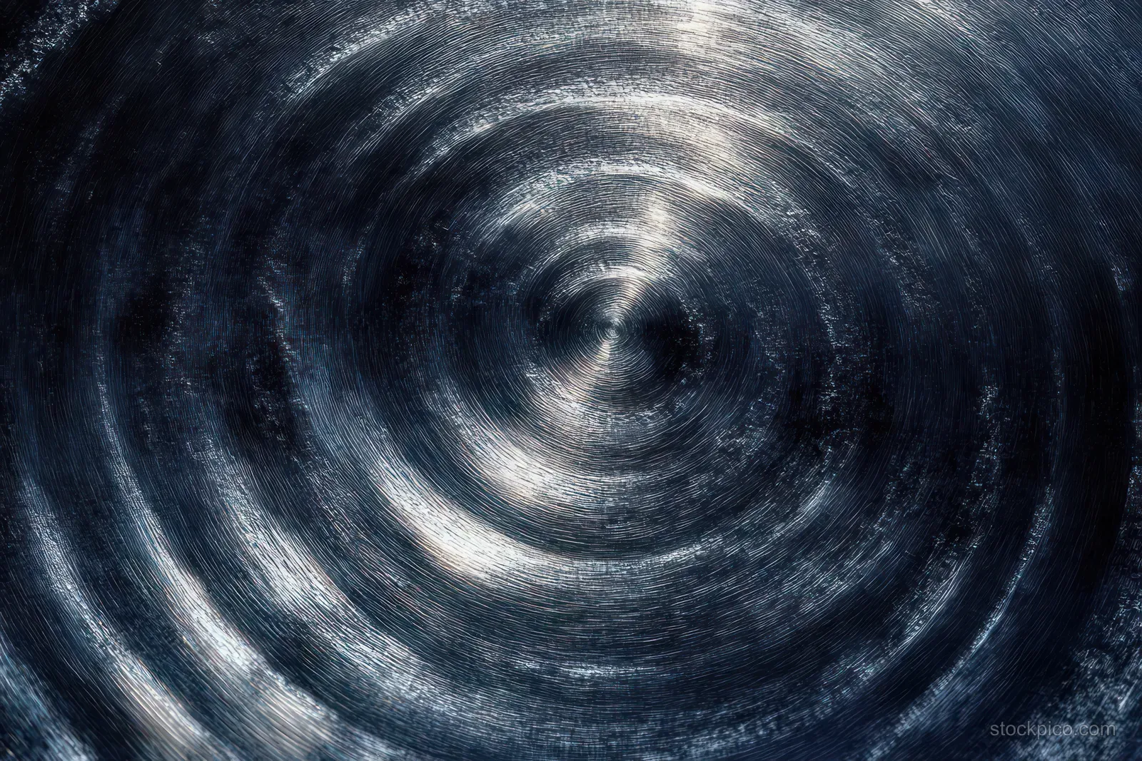 Close-up of brushed steel with concentric circular swirls and reflective highlights on a textured surface.