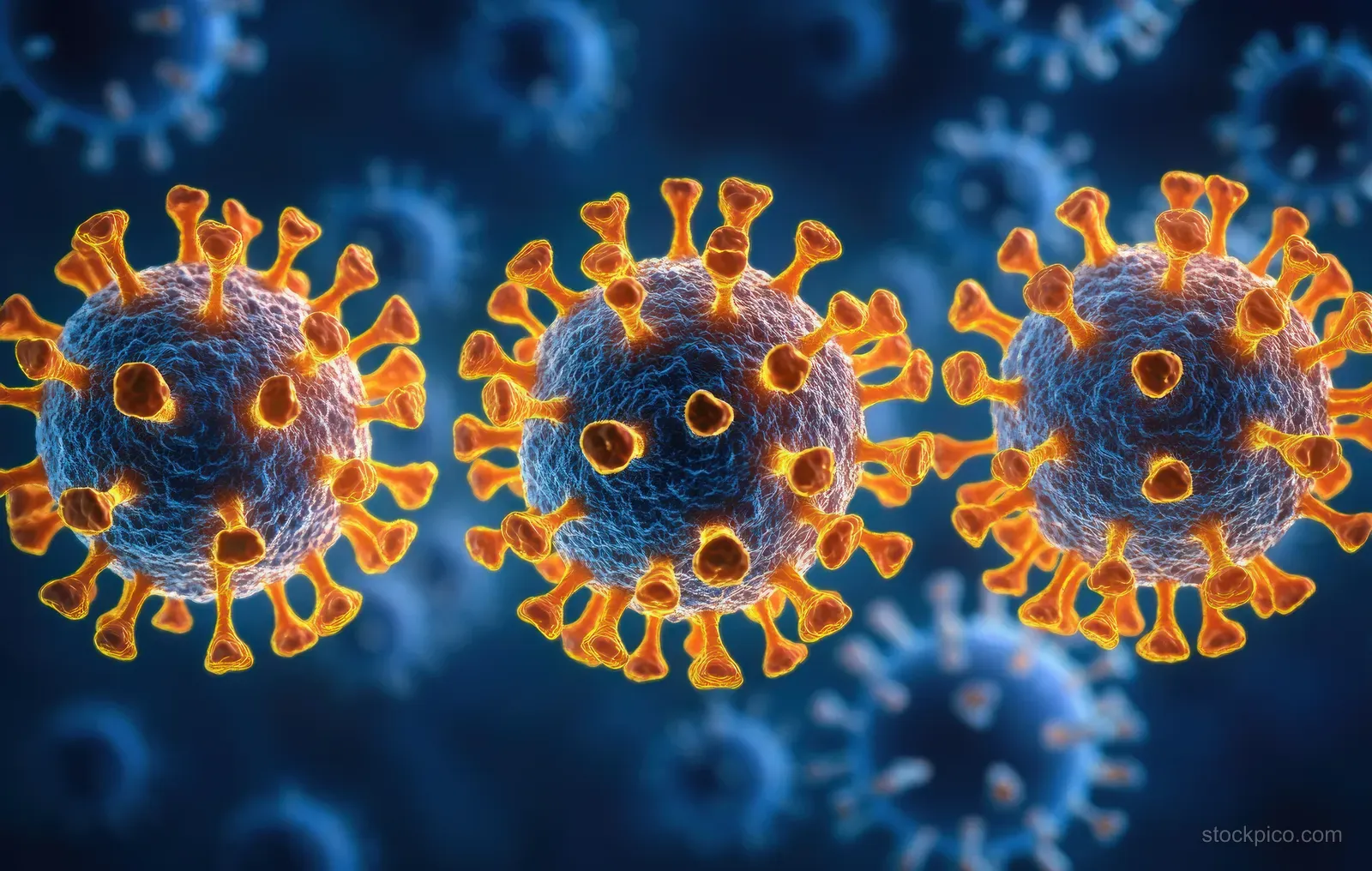 Multiple orange virus particles with glowing spikes appear against a dark blue background.