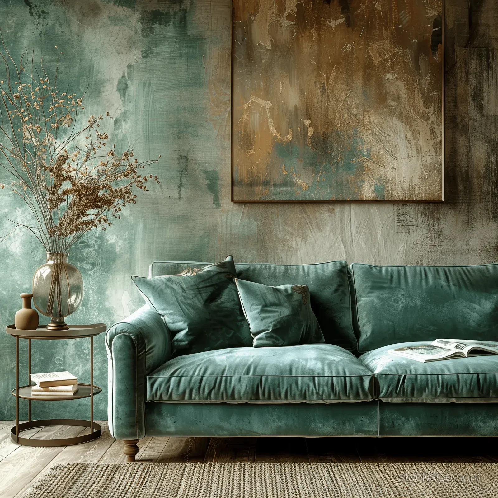 Green velvet sofa in a minimalist living room with antique textured wall, framed painting, and side table with vases.