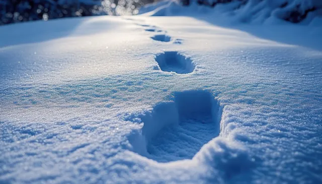 Deep footprints trail through sparkling untouched snow on a calm winter day.