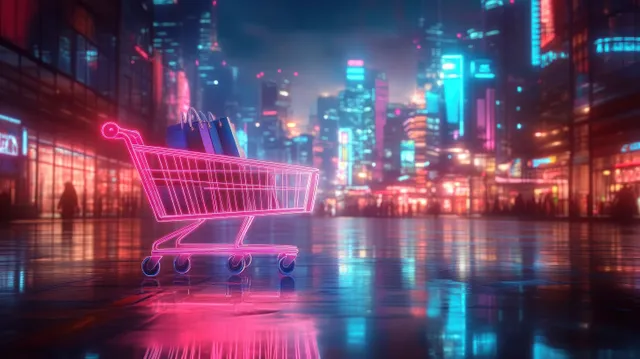 A glowing shopping cart in front of a neon cyberpunk skyline with blue and pink data network overlays.