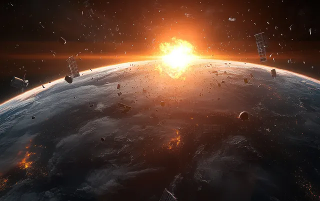 Sunlit Earth at sunrise with scattered satellite debris fragments glowing near the atmosphere.