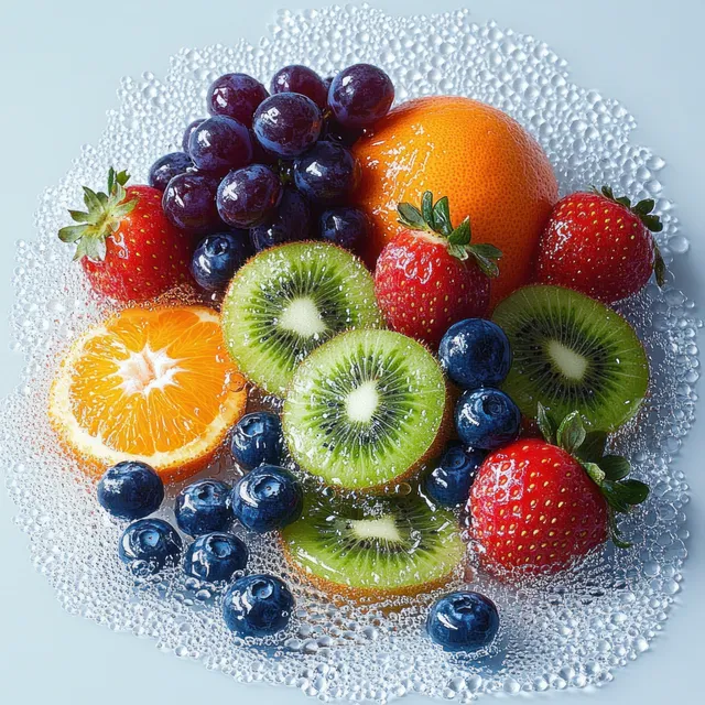 Mixed wet fruit platter with strawberries, kiwi slices, blueberries, grapes, and orange