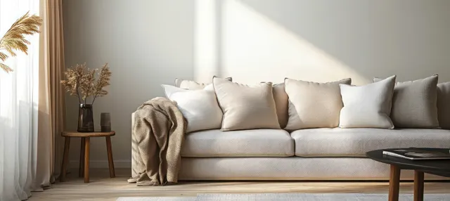 Sunlit Scandinavian living room with beige sofa, wool throw, and pale wood accents