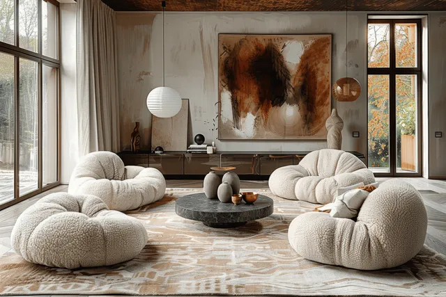 Curved bouclé sofas surround a low round coffee table in a bright Scandinavian living room with abstract wall art.