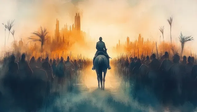 Jesus enters Jerusalem on Palm Sunday, riding through a misty watercolor crowd and city skyline