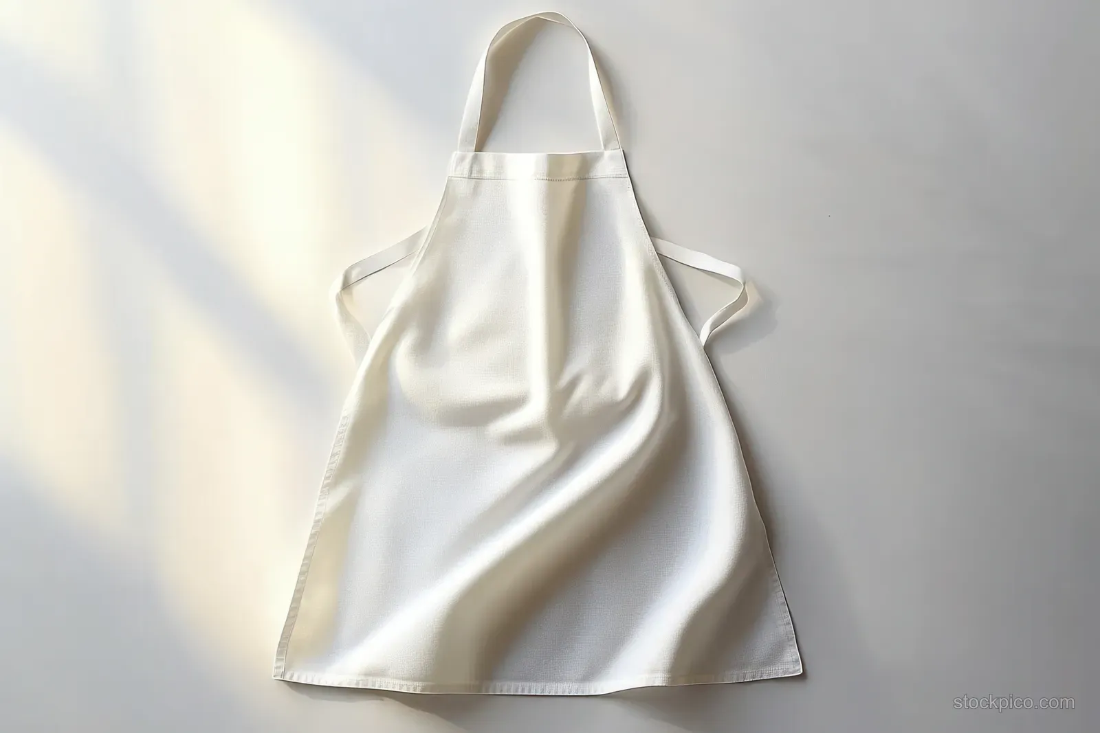 A plain white apron lies flat on a light background with soft sunlight and gentle shadows.