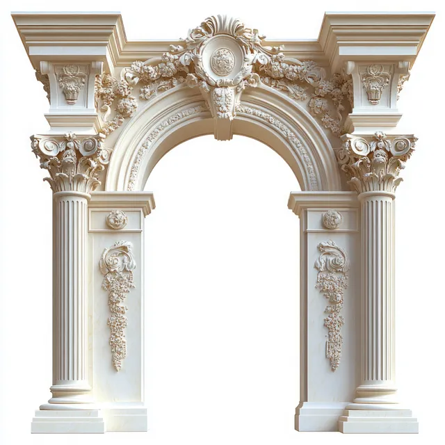 White marble classical archway with floral bas-relief carvings, decorative columns, and a centered circular medallion.