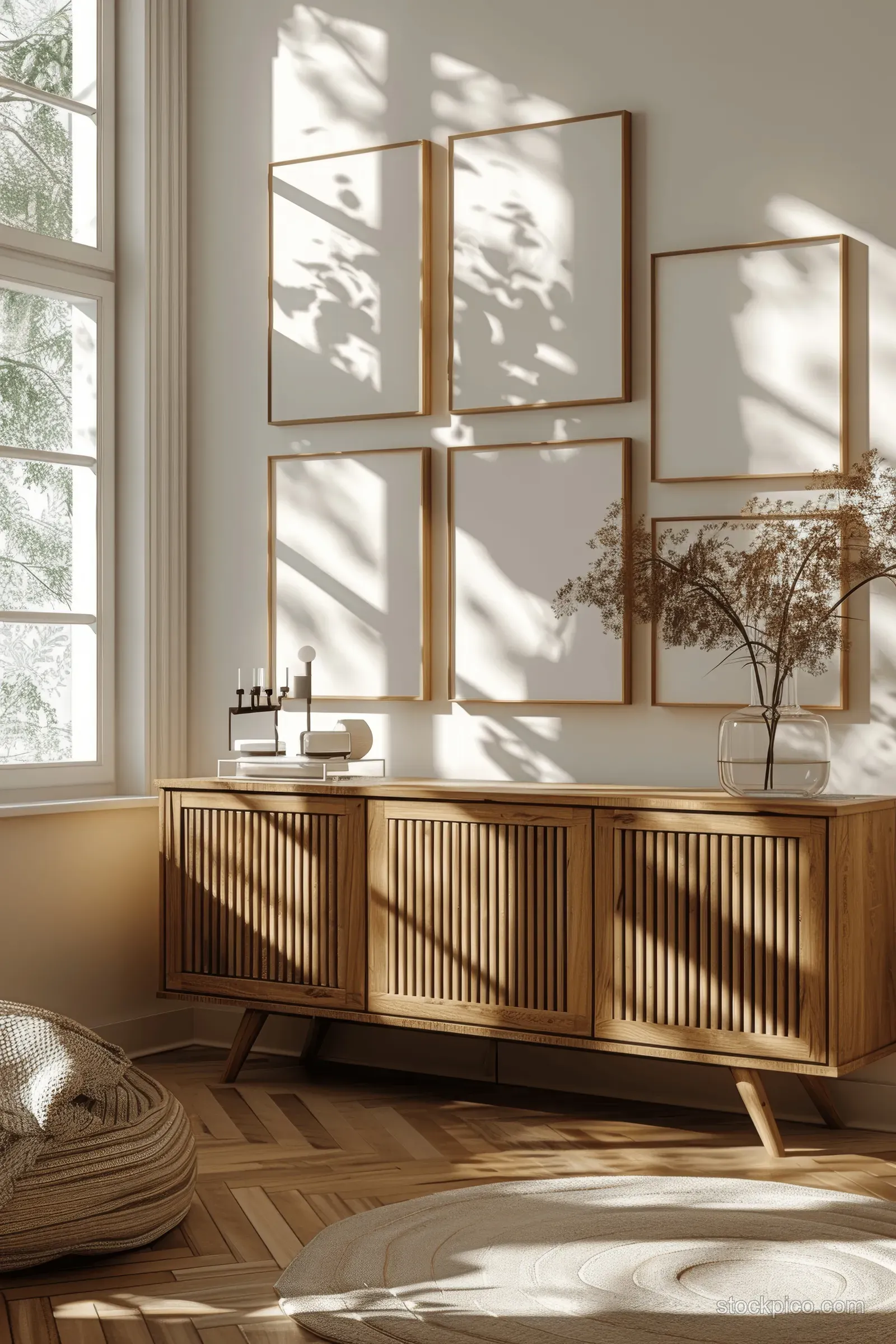 A wooden sideboard stands beneath blank frames in a sunlit minimalist room.