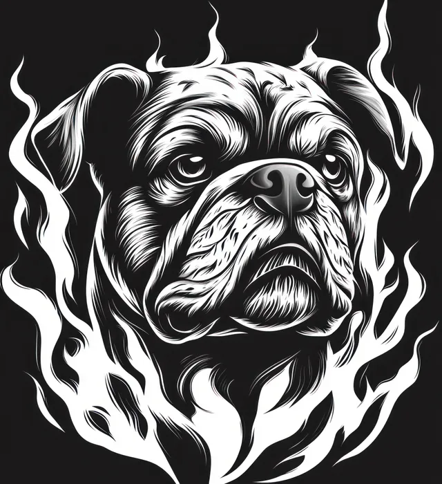 Black-and-white bulldog head illustration surrounded by stylized flames on a dark background.