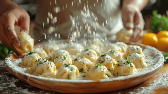 Hands shaping pierogi dumplings on floured table during a cooking class session