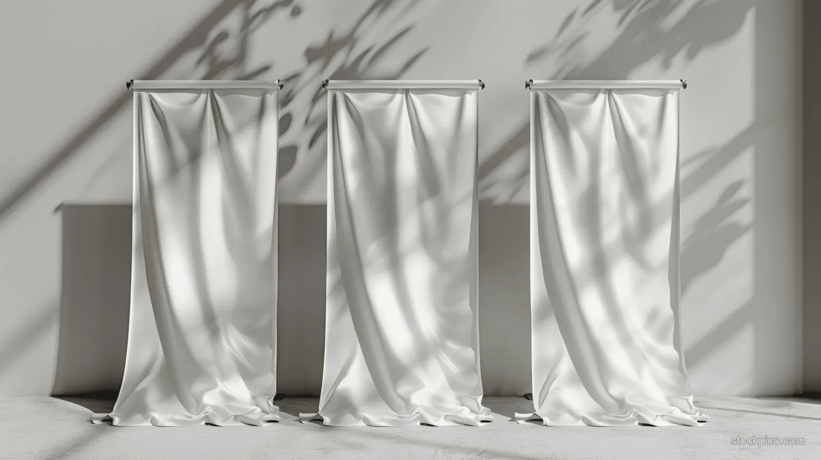 Three white roll-up banner stands with blank fabric panels sit on grey flooring under soft shadows.