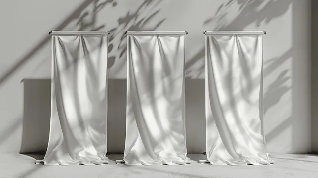 Three rolled-up banner stands with white fabric panels on grey studio floor