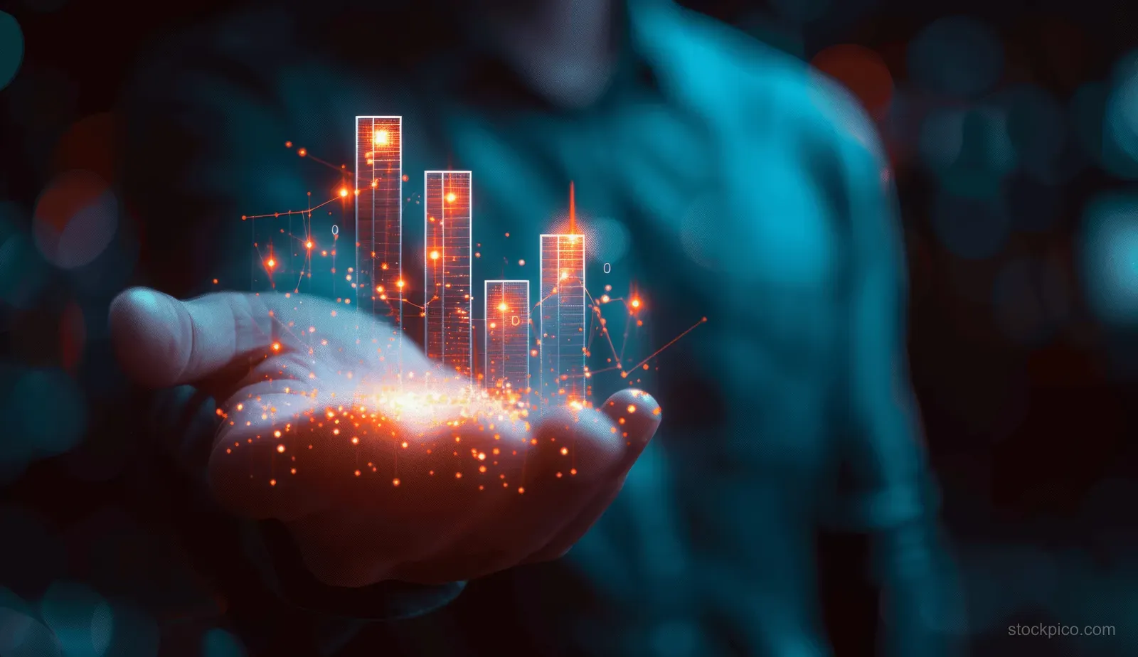 Person’s hands releasing glowing bars of a digital chart with percentage markers over a dark finance background.