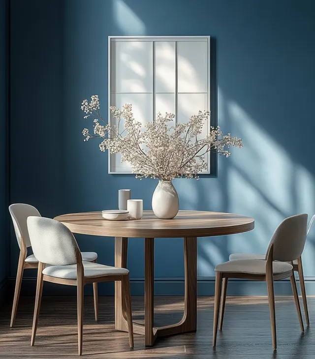 A round wooden dining table with a floral centerpiece and two chairs sits against a light blue wall with soft window shadows.