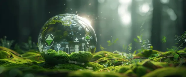 Luminous Earth-like globe on moss in a forest with floating solar, wind, and climate icons.