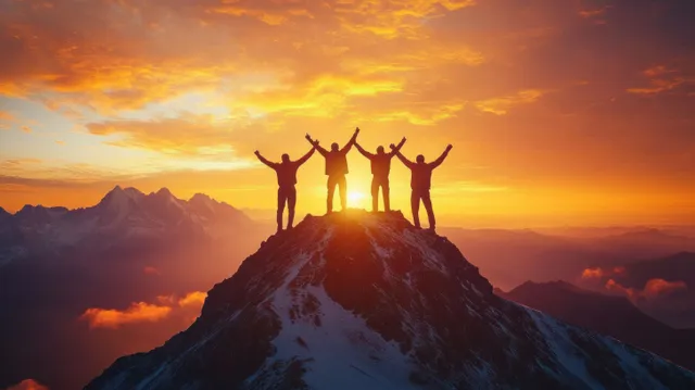 Four hikers stand on a mountain summit with arms raised during an orange sunrise.