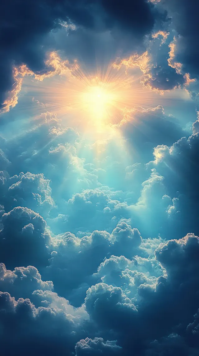 Sunburst light beams shine through dramatic fluffy clouds against a deep blue sky.