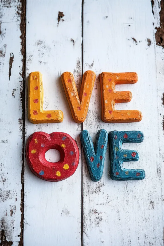 Colorful handcrafted LOVE letters painted on rustic white wooden boards, stacked vertically.