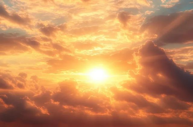 Sun breaks through thick clouds at sunset, casting golden sunburst rays across the horizon