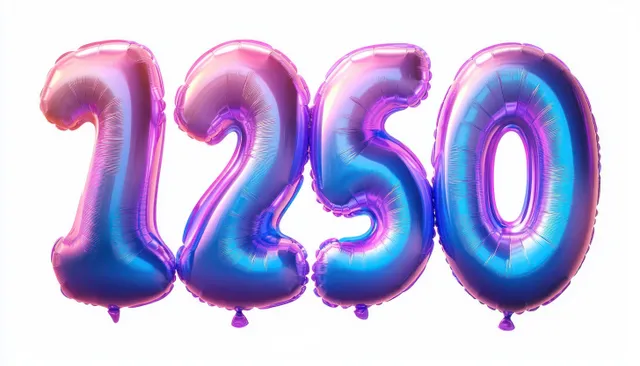 Four metallic number balloons reading 1 2 5 0 with pink and blue reflections on a white background.