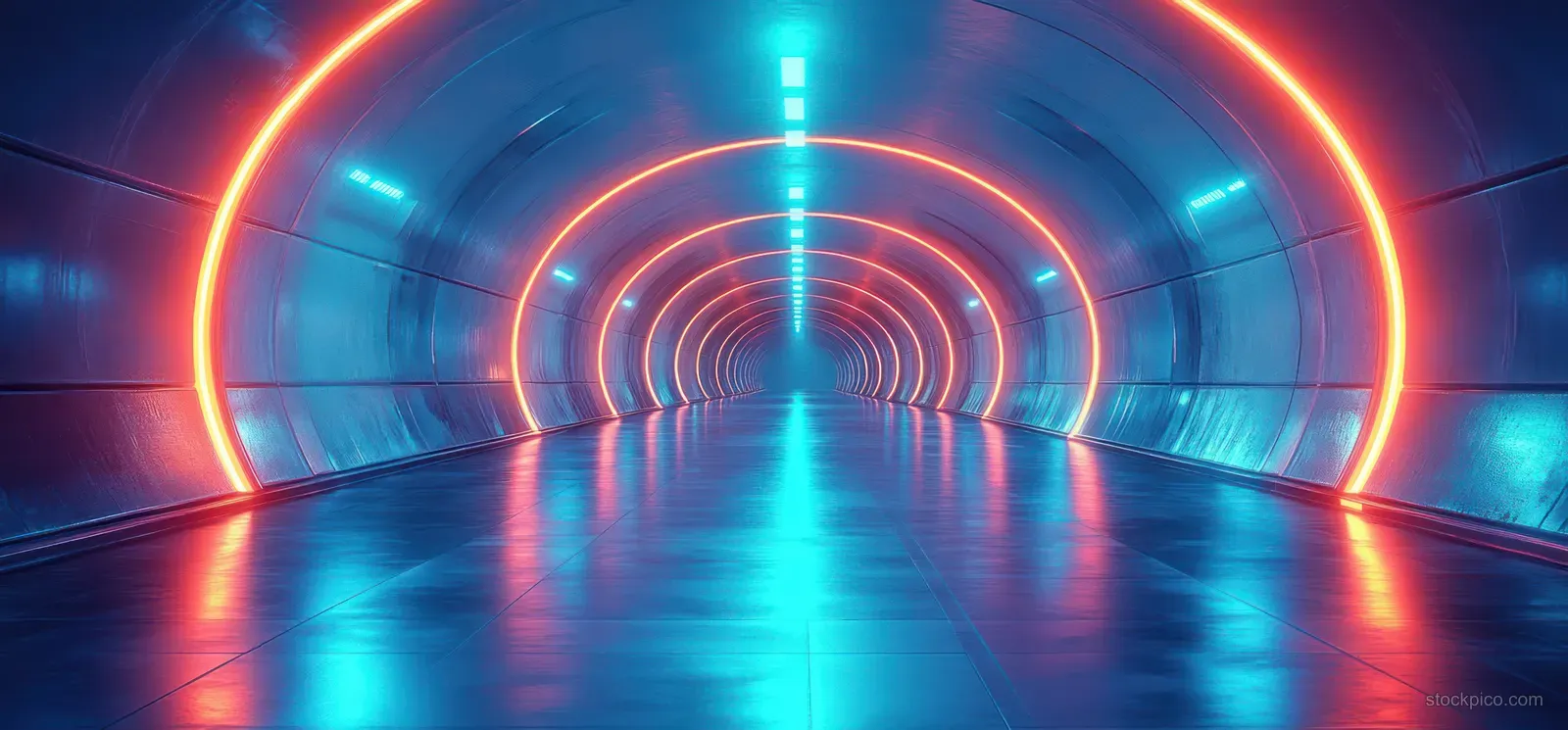 Neon cyberpunk tunnel corridor with glowing circular rings and a reflective metal floor extending into darkness.