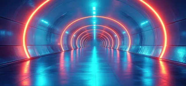 Neon cyberpunk corridor tunnel with glowing rings and reflective metal floor at night