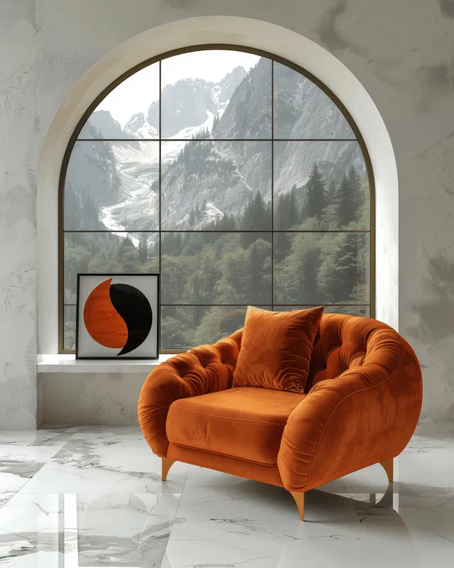 Orange velvet armchair in a minimalist room beneath an arched window with mountain scenery visible.