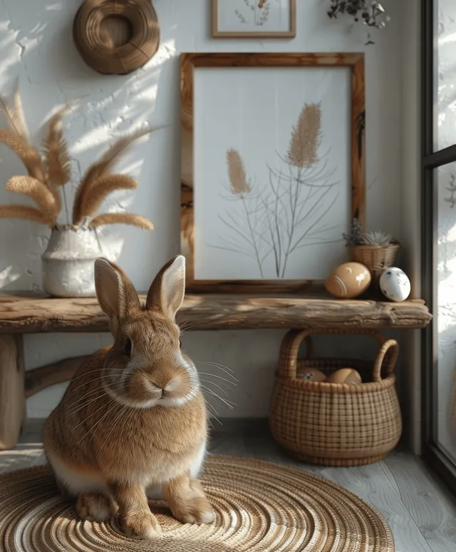 A boho room scene shows a leaning picture frame on a shelf beside a rabbit and small Easter decorations.