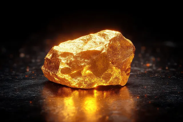 A glowing golden rough mineral stone rests on a dark reflective surface with warm light reflections.