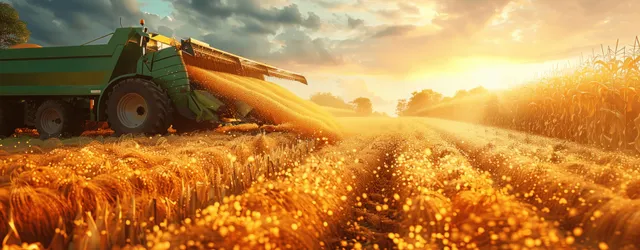 A combine harvester unloads golden corn into a trailer in a sunlit field with visible dust and ripe rows.