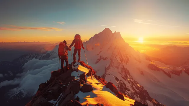 Hikers Helping Each Other Reach a Snowy Mountain Peak at Sunrise