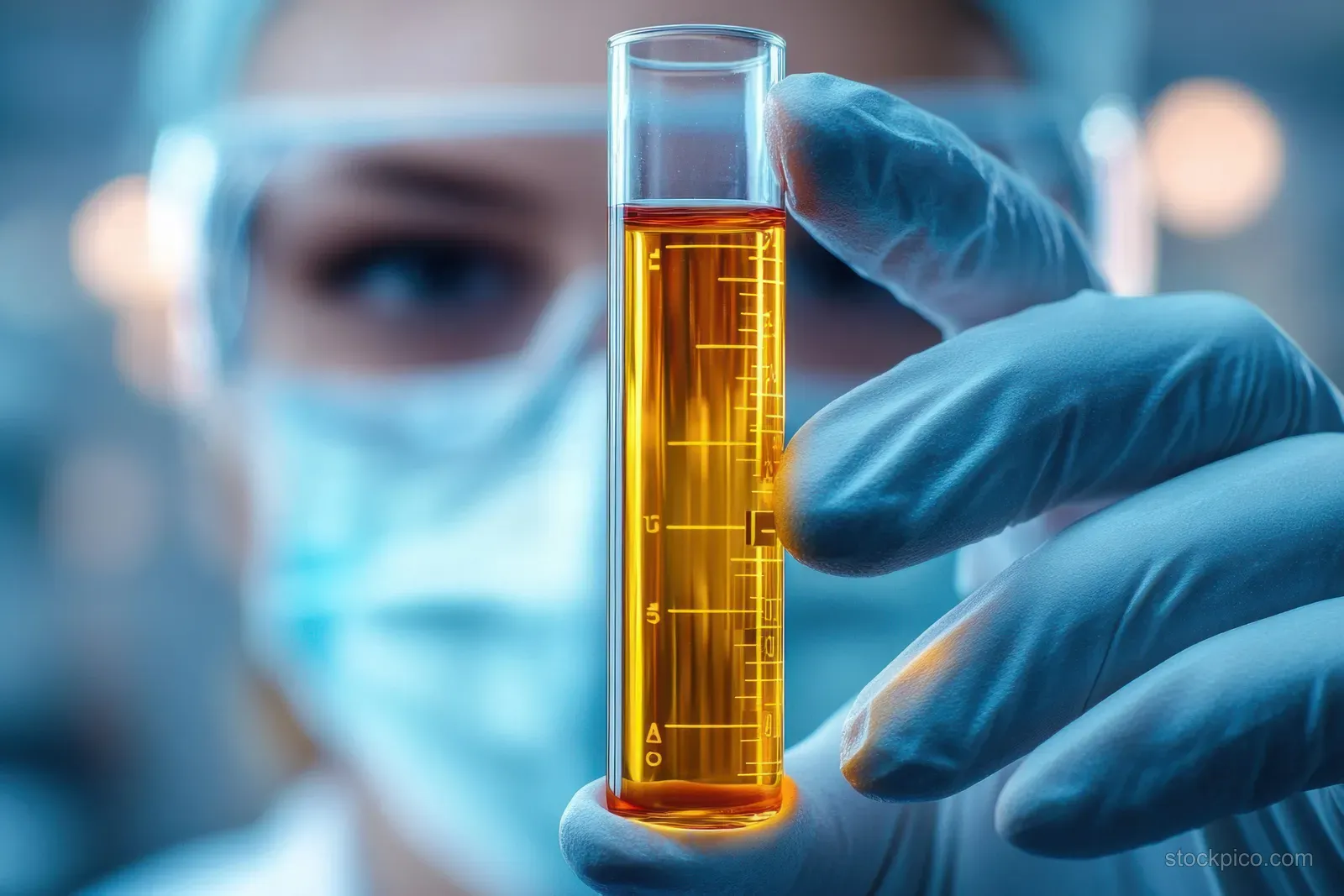 A gloved scientist holds a graduated test tube with amber liquid while wearing goggles and a protective mask.