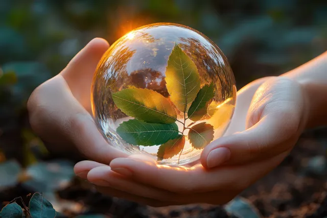 Hands cradle a glowing glass globe with green leaves in a blurred forest setting