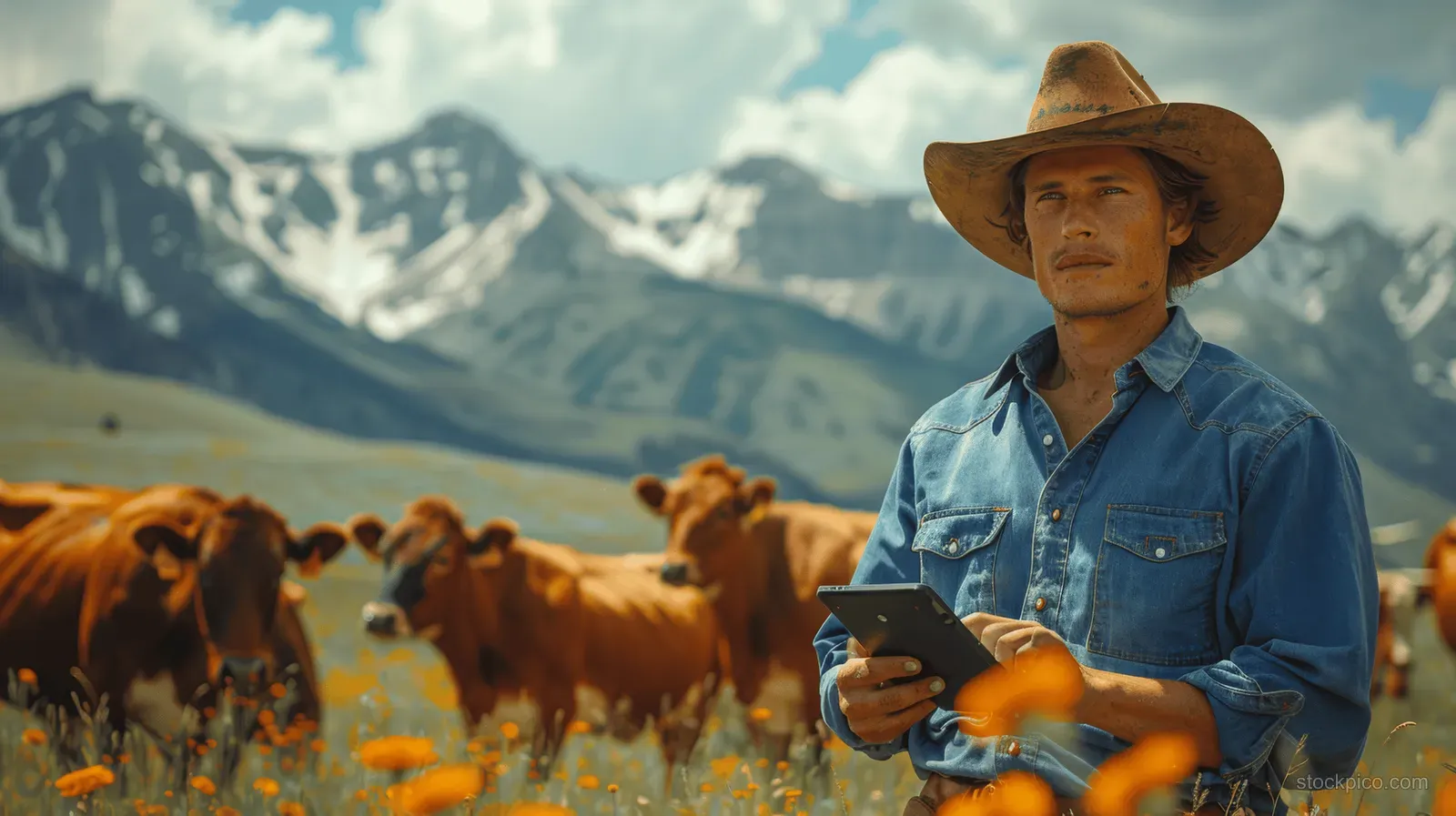 Cowboy in a denim shirt holds a tablet while watching a grazing herd in a mountain meadow.