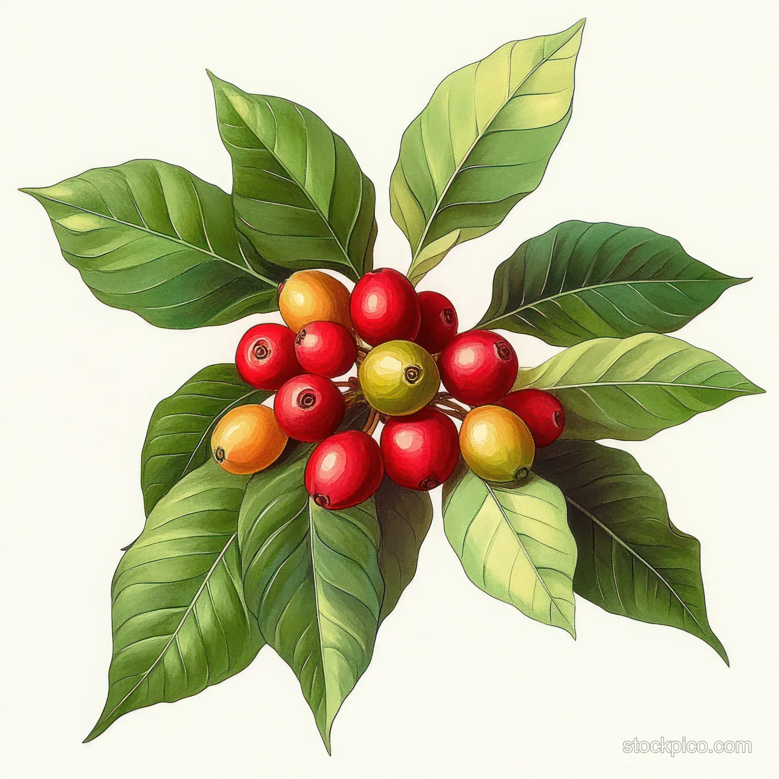Coffee cherries in red, orange, and yellow ripeness stages clustered among glossy green leaves on a light background.