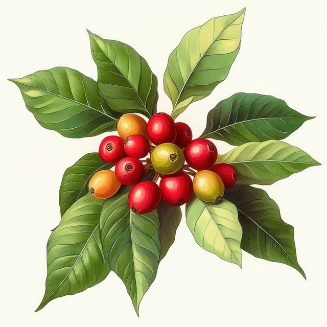 Close-up cluster of coffee cherries on green leaves showing ripeness colors against light background