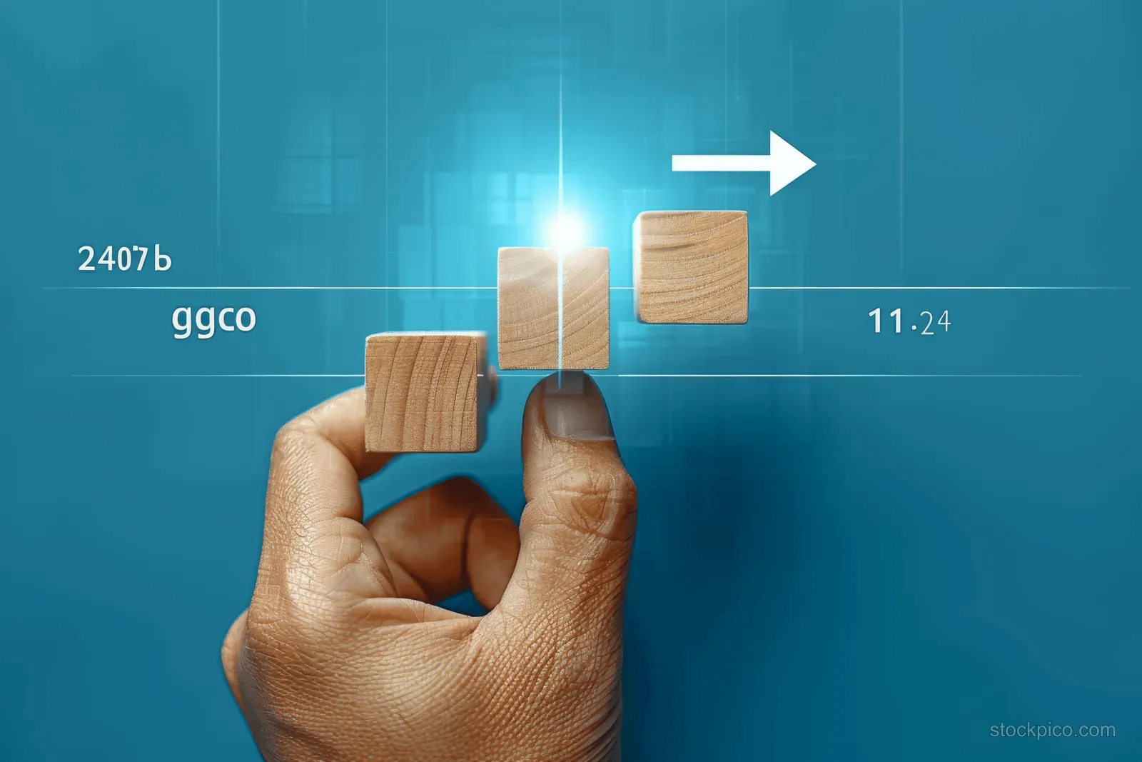 A hand stacks wooden blocks with a glowing upward chart arrow on a blue finance-themed background.