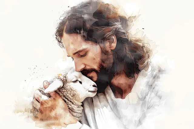 Caring Jesus cradling a baby lamb in watercolor wash against white background