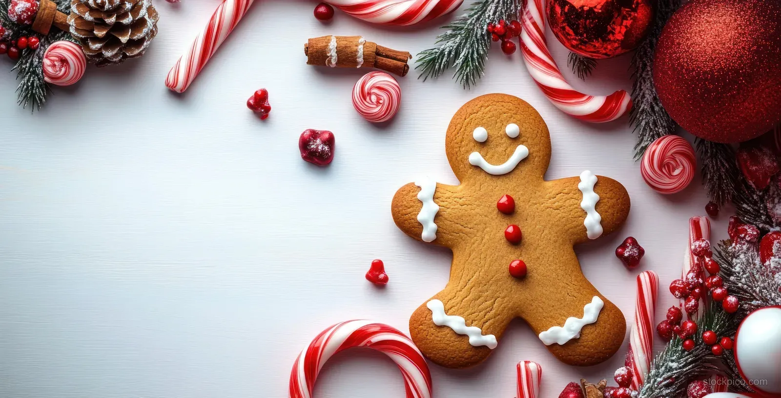 Gingerbread man surrounded by candy canes, pine branches, and red ornaments on a white background.